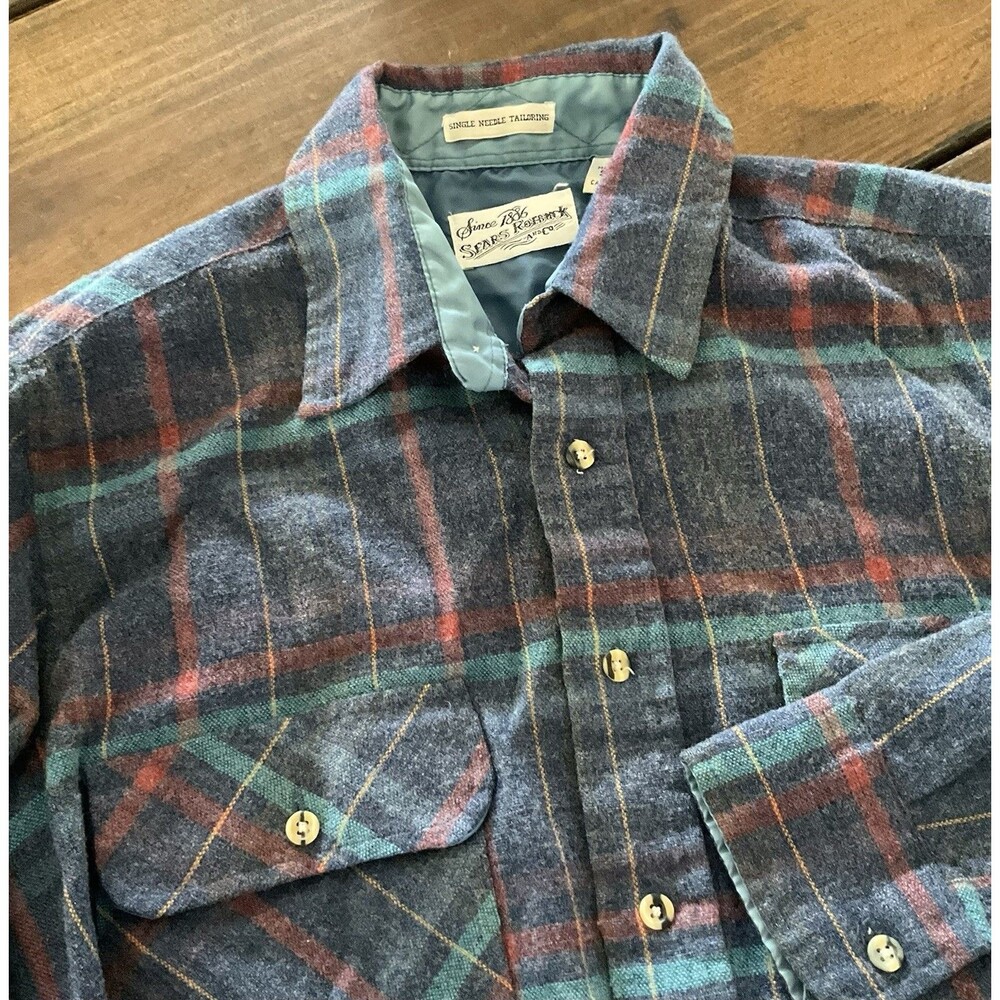 Vintage Sears Roebuck Shirt Mens Large Blue Plaid Wool Blend Long Sleeve Outdoor